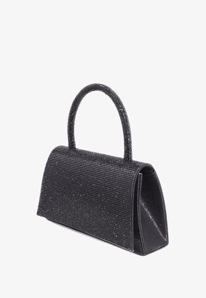 Borsa a mano nera a pochette con design strutturato, ricoperta di scintillanti strass, dotata di un manico arrotondato e una forma angolare.
