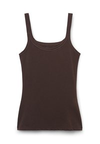 Brun linne med en åtsittande design, tillverkat av mjukt tyg. Har tunna axelremmar och en rund halsringning. Slät textur, inga mönster.