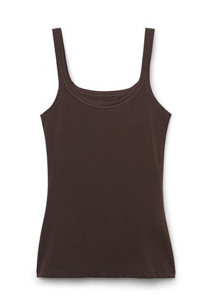 Bruine tanktop met een aansluitend ontwerp, gemaakt van zachte stof. Heeft dunne schouderbandjes en een ronde halslijn. Glad textuur, geen patronen.
