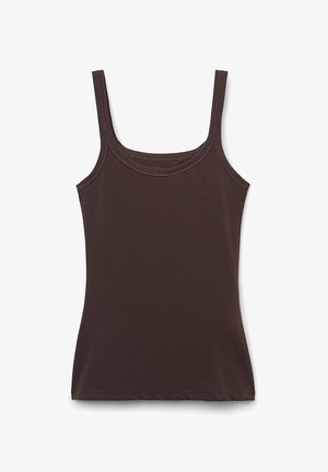 Débardeur marron avec une coupe ajustée, fabriqué à partir d'un tissu doux. Présente des bretelles fines et un col rond. Texture lisse, sans motifs.