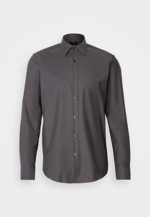 Dark gray button-up shirt with long sleeves, collar, and small textured pattern. Features glossy buttons and a rounded hemline.