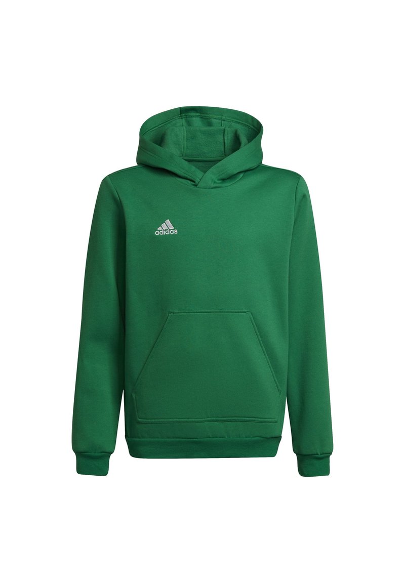 Zelená mikina s kapucí z měkkého materiálu, která má přední kapsu a malou stříbrnou značku Adidas v horním levém rohu. Klasický střih.