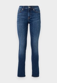 Mørkeblå slanke jeans laget av denim, med standard belte, frontlommer og subtile sømdetaljer.