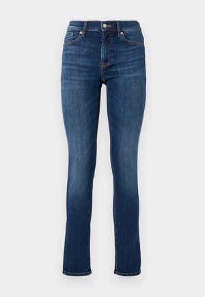 Jeans skinny blu scuro realizzati in denim, con vita standard, tasche frontali e dettagli di cucitura sottili.