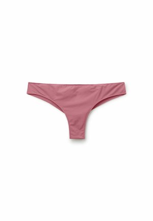Bas de bikini string rose en matière lisse et extensible, avec une taille basse et un design à couverture minimale.