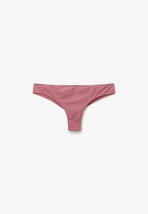 Bas de bikini string rose en matière lisse et extensible, avec une taille basse et un design à couverture minimale.
