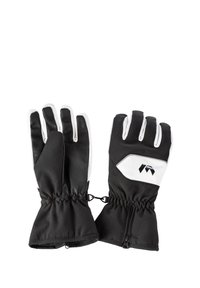 Svart- och vita vinterhandskar med ett vattentätt ytterlager, texturerat grepp, justerbara handledssnörningar och en märkeslogotyp på baksidan.