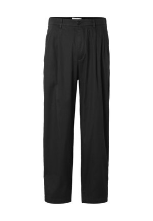Schwarze High-Waist-Hose mit Knopf- und Reißverschluss, Gürtelschlaufen, Seitentaschen und weitem geradem Bein.