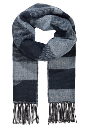 Écharpe en laine à larges rayures horizontales gris foncé et gris clair, texture tissée et extrémités à franges.