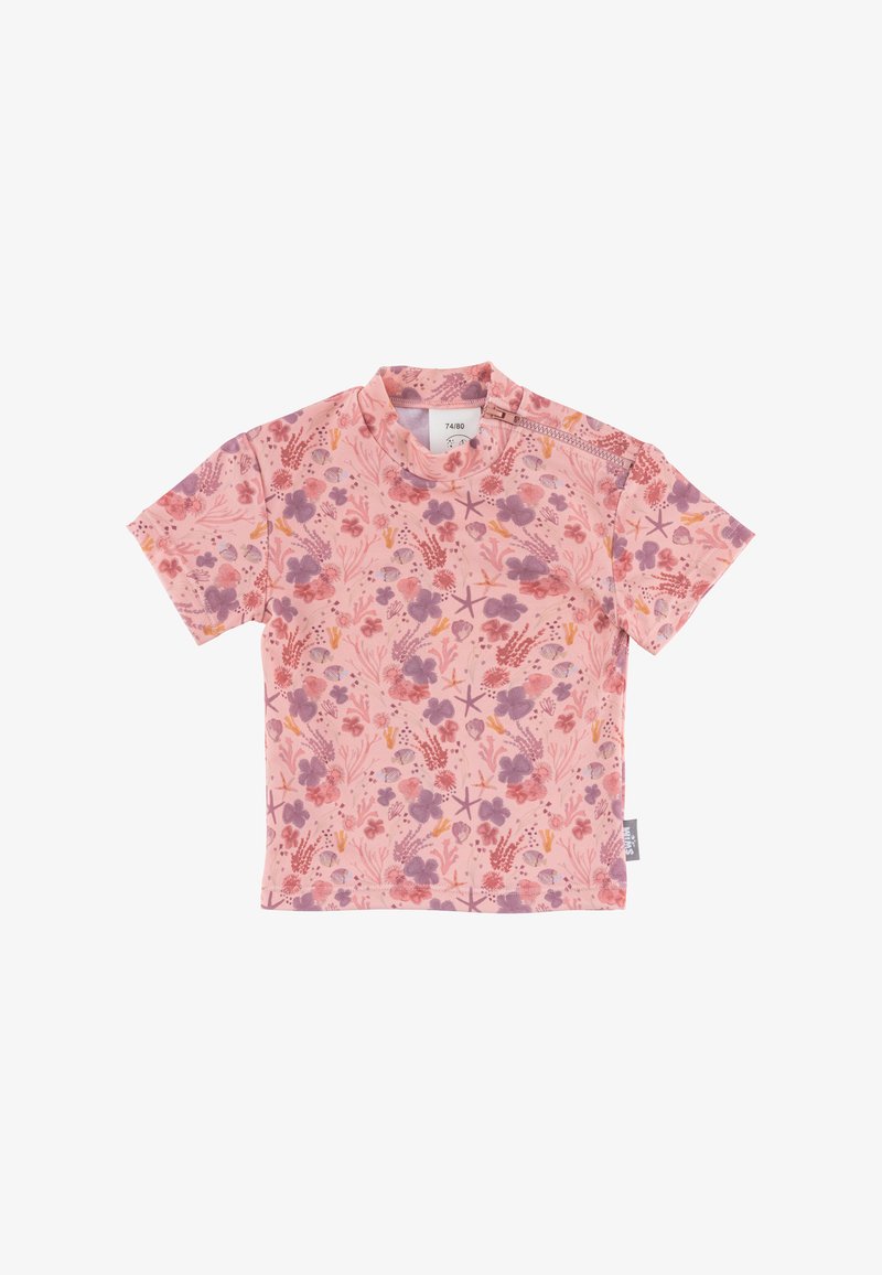 Kurzarmhemd mit pinkem Grund, das ein Blumenmuster in lila, rot und gelben Farbtönen aufweist. Aus weichem, leichtem Stoff gefertigt.