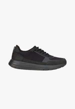 Black athletic shoes with a combination of suede and mesh materials, featuring a textured surface, lace-up design, and a cushioned sole.