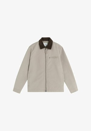 Lichtbeige jack van katoen, met een bruine corduroy kraag, ritssluiting en zijzakken. Eenvoudig ontwerp met minimale details.