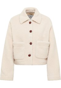 Cremefarbene, kurz geschnittene Fleecejacke mit Kragen, braunen Knopfverschlüssen und zwei Fronttaschen. Weiche, strukturierte Oberfläche.