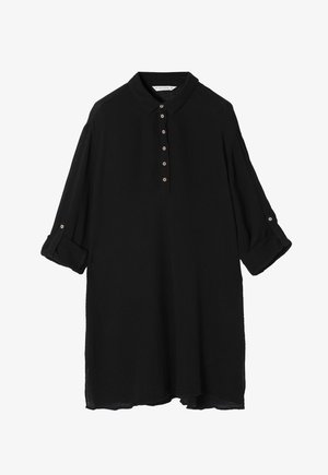 Schwarzes Hemd mit Knopfverschluss aus strukturiertem Stoff, ausgestattet mit einem Kragen, aufgerollten Ärmeln und einem leicht gerundeten Saum. Sechs passende Knöpfe zieren die Vorderseite.