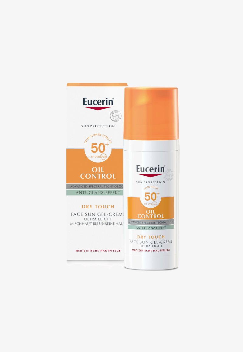 Eucerin Oil Control Gesichts-Sonnengel-Creme mit LSF 50+, trockenes Gefühl, Anti-Glanz-Effekt und fortschrittlicher Spektraltechnologie, in weißer und orangefarbener Verpackung.