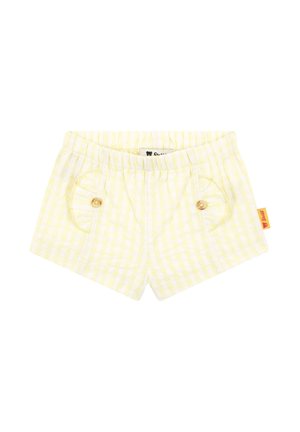 Gelbe Gingham-Shorts mit elastischem Bund, zwei runden Taschen mit Knöpfen verziert und einem kleinen Markenetikett in der Naht.