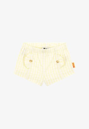 Gelbe Gingham-Shorts mit elastischem Bund, zwei runden Taschen mit Knöpfen verziert und einem kleinen Markenetikett in der Naht.
