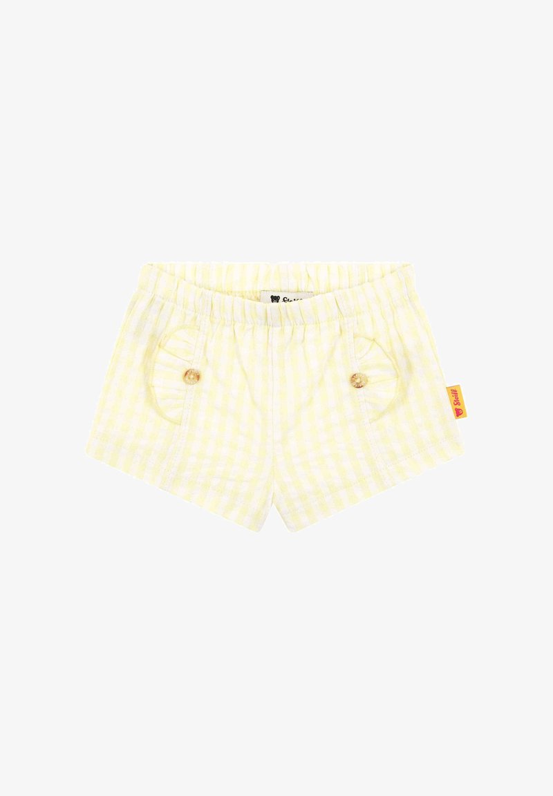 Shorts en vichy jaune avec une taille élastique, deux poches rondes ornées de boutons et une petite étiquette de marque sur la couture.