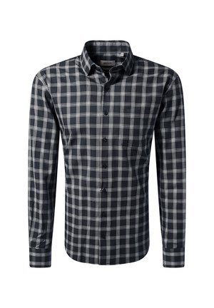 Camicia a maniche lunghe a quadri bianco e nero con colletto, esposta su uno sfondo bianco semplice.