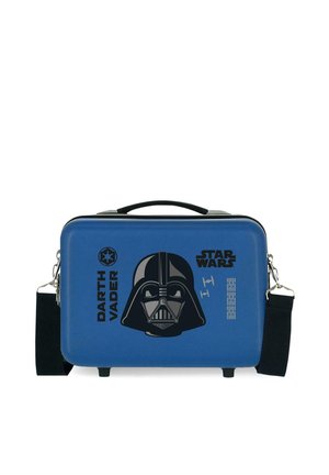 Bolsa rectangular azul con correa negra, que presenta un casco de Darth Vader, el logo de Star Wars y diseños de cazas TIE en el panel frontal.