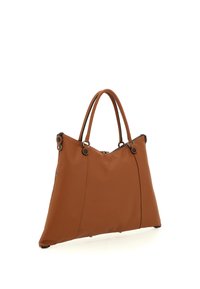 Borsa tote in pelle marrone con design strutturato, doppi manici e chiusura con cerniera. Caratterizzata da dettagli in metallo e cuciture a contrasto.