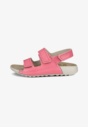 Sandali rosa con superficie texture, dotati di due cinghie in velcro regolabili, design aperto sulla punta e suola in gomma bianca con un motivo ondulato.