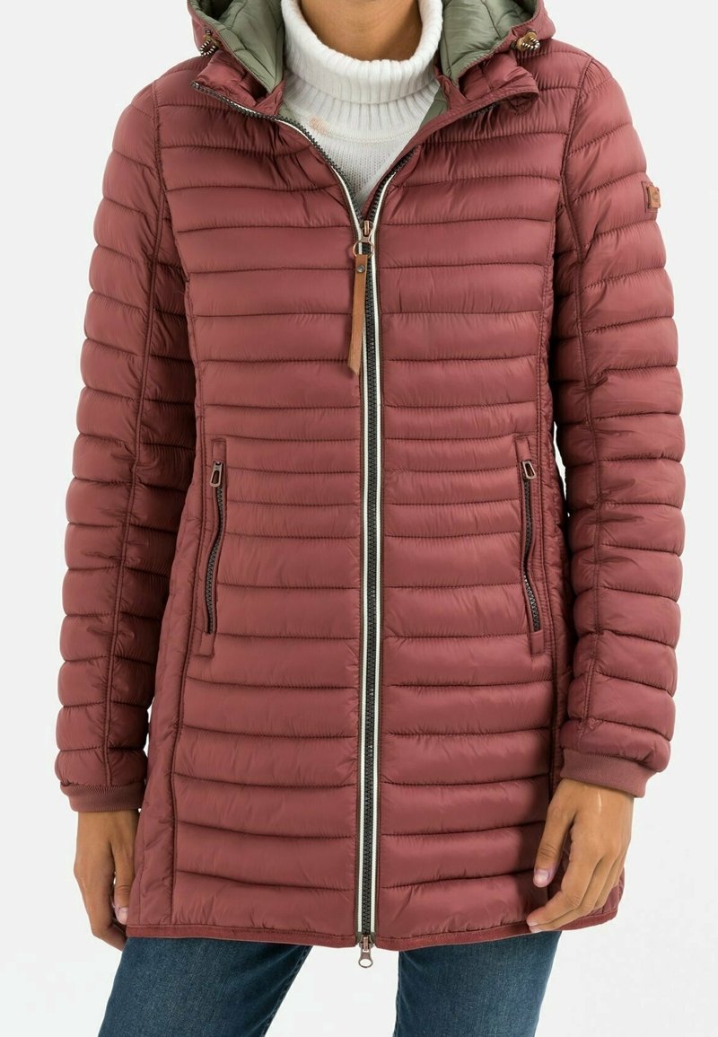 Padded maroon coat with a green hood, featuring zippered front and pockets, ribbed cuffs, and a smooth texture.