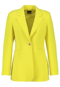 Blazer giallo realizzato in tessuto liscio, dotato di chiusura con un solo bottone, rever a notched e due tasche laterali.