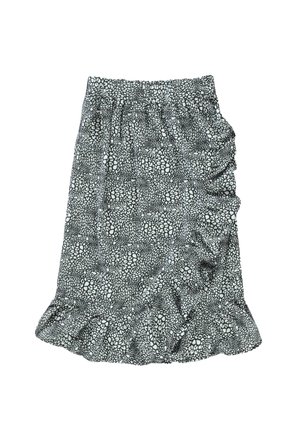 Zwart-witte mini-rok met ruches en een gestructureerd dierenprint, voorzien van een elastische tailleband en een uitlopende zoom.