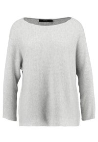 Helles grau gestricktes Sweatshirt mit weitem Rundhalsausschnitt, langen Ärmeln und lockerer Passform. Besitzt ein strukturiertes Rippmuster über die gesamte Fläche.