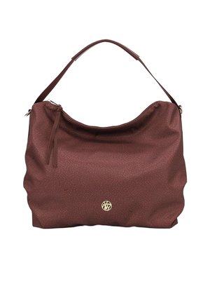 Borsa a tracolla color bordeaux realizzata in materiale sintetico testurizzato. Presenta una forma curvata, una sola tracolla e un accento con logo dorato sulla parte anteriore.