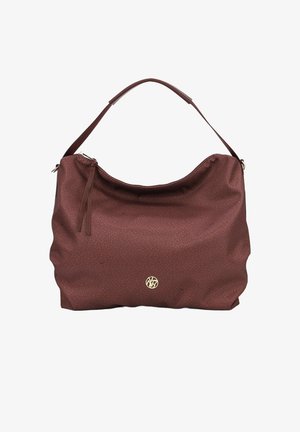 Borsa a tracolla color bordeaux realizzata in materiale sintetico testurizzato. Presenta una forma curvata, una sola tracolla e un accento con logo dorato sulla parte anteriore.