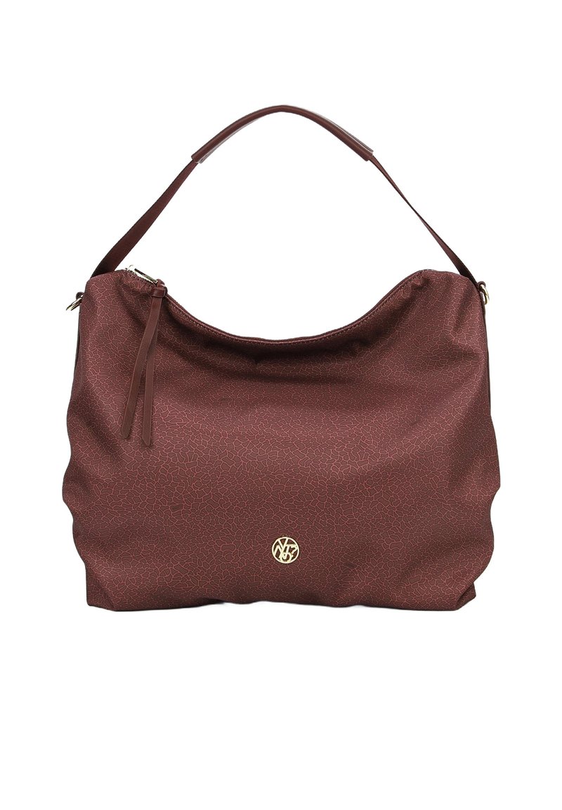 Borsa a tracolla color bordeaux realizzata in materiale sintetico testurizzato. Presenta una forma curvata, una sola tracolla e un accento con logo dorato sulla parte anteriore.
