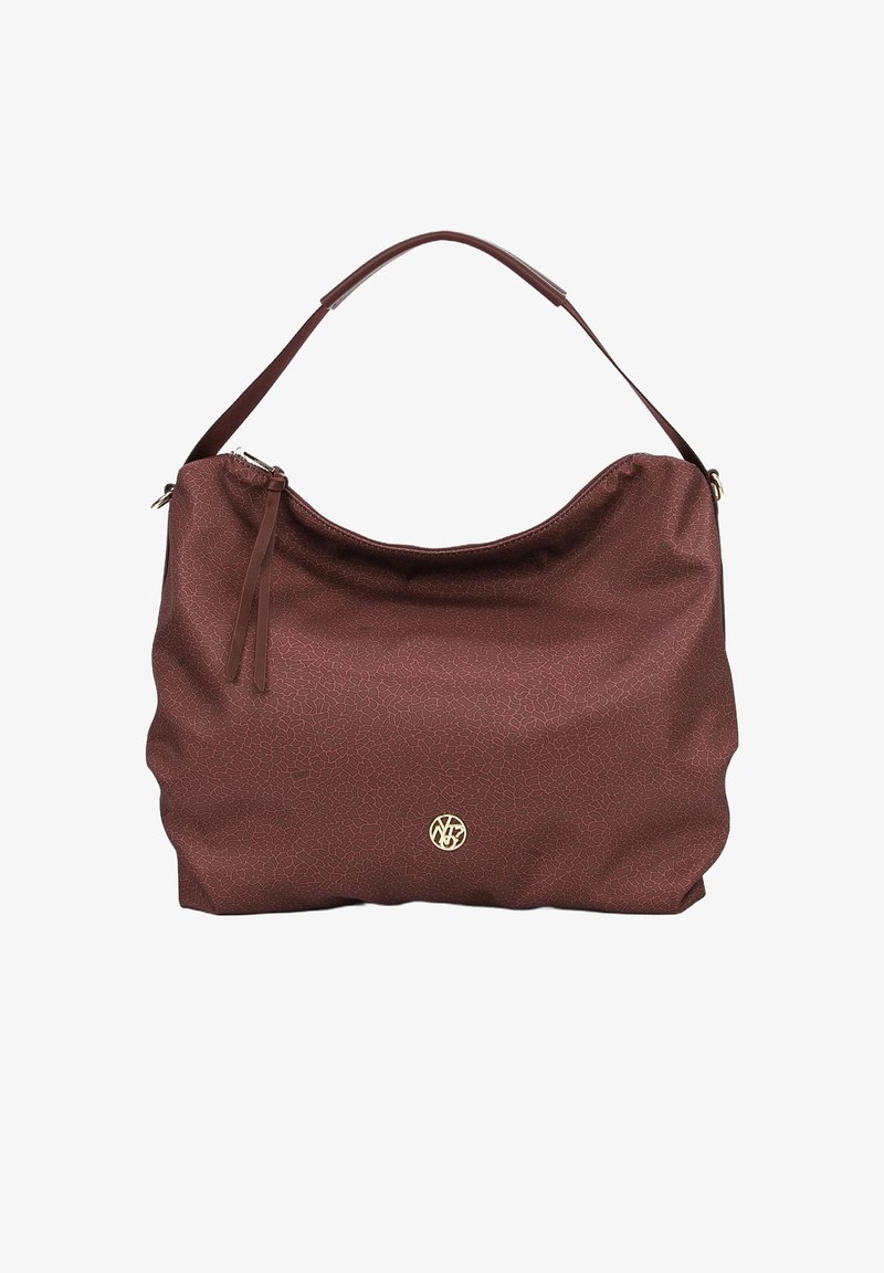 Borsa a tracolla color bordeaux realizzata in materiale sintetico testurizzato. Presenta una forma curvata, una sola tracolla e un accento con logo dorato sulla parte anteriore.