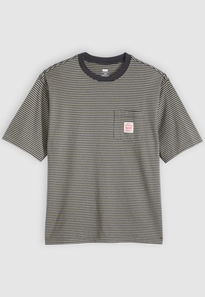 Striped short-sleeve T-shirt in gray and black, cotton material, features a round neckline and a small chest pocket with a label.