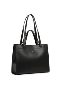 Sac fourre-tout en cuir noir avec deux longues poignées, surface texturée et un logo discret sur le devant. Forme rectangulaire, design spacieux.