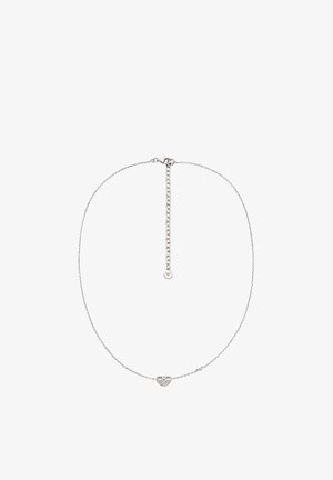 Silberkette mit einem hohlen Herzanhänger, der feine Details und kleine Edelsteine aufweist. Verstellbare Länge mit Karabinerverschluss.