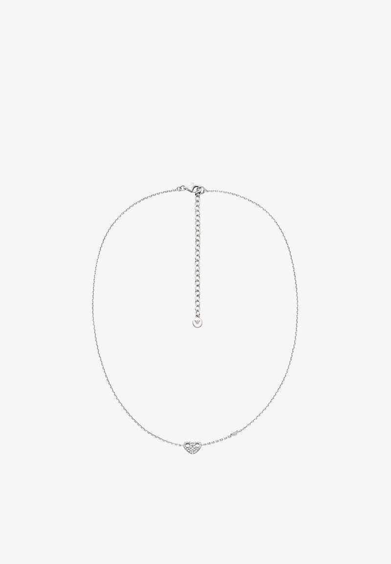 Collier chaîne en argent avec pendentif cœur creux orné de détails complexes et de petites pierres précieuses. Longueur réglable avec un fermoir mousqueton.