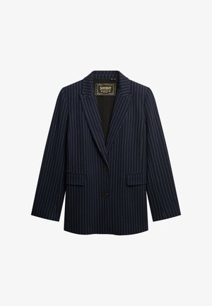 Blazer rayé bleu marine avec un col cranté, fermeture à un bouton, deux poches avant et une doublure intérieure. Fabriqué en tissu texturé.