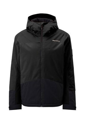Black waterproof jacket with a zip fastening, quilted hood, and contrasting dark blue lower section. Features Ziener logo accent on chest.