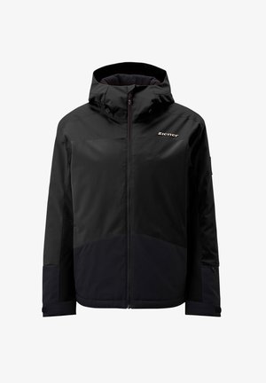 Black waterproof jacket with a zip fastening, quilted hood, and contrasting dark blue lower section. Features Ziener logo accent on chest.