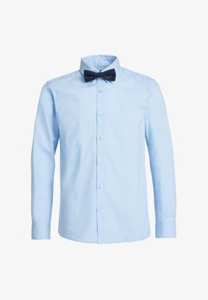 Light blue long-sleeve shirt made of cotton with a button-down front and a black bow tie attached at the collar. Plain texture, no patterns.