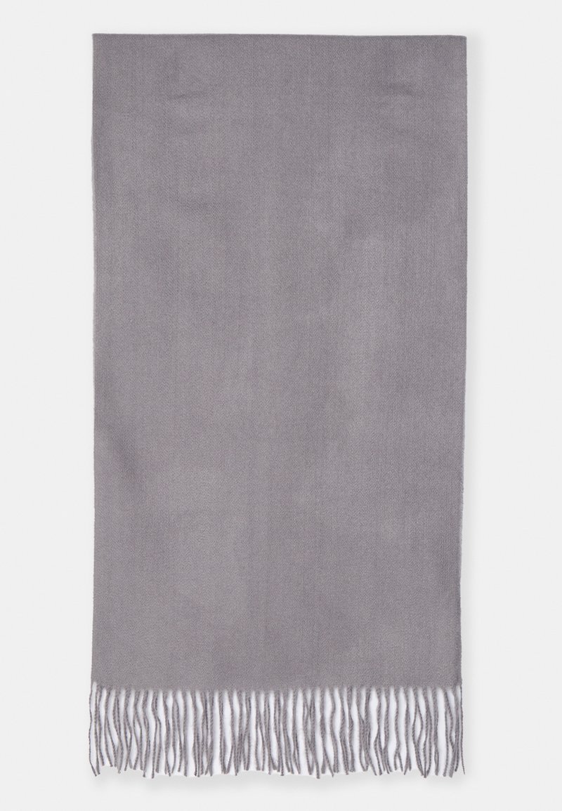 Gray scarf with a smooth texture, featuring fringed edges at the bottom. Simple rectangular design, made of soft fabric.
