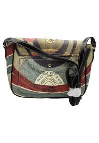 Borsa a tracolla multicolore con corpo in tessuto caratterizzato da un motivo circolare, dettagli in pelle nera e tracolla regolabile.