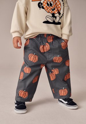 Pantaloni grigi con stampe vivaci di zucche arancioni, vita elasticizzata e tasche laterali, abbinati a scarpe da ginnastica nere e felpa color crema.