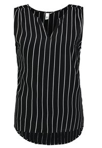 Svart ärmlös topp med vita vertikala ränder, har en V-ringning, avslappnad passform och en något längre baktill. Slät textur.
