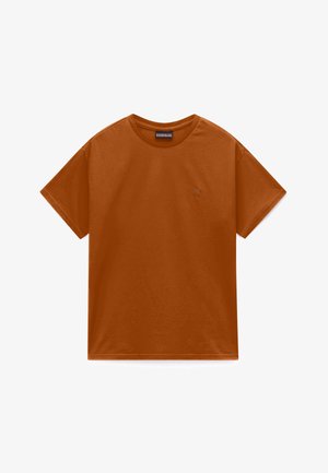 Maglietta in cotone arancione bruciato tinta unita, maniche corte, collo tondo e piccolo logo ricamato sul petto a sinistra.