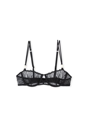 Sujetador de encaje negro con paneles de malla translúcida, patrón floral, soporte con aros, tirantes ajustables y un borde de encaje festoneado.