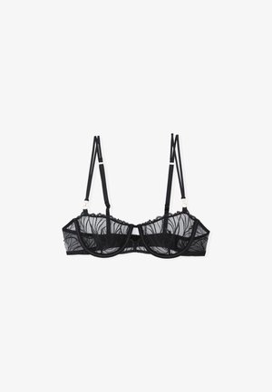 Black lace bra featuring sheer mesh panels, floral pattern, underwire support, adjustable straps, and a scalloped lace trim.