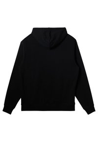 Sudadera negra con capucha y mangas largas, hecha de una tela suave. Presenta un diseño simple y sin adornos, con un corte relajado.